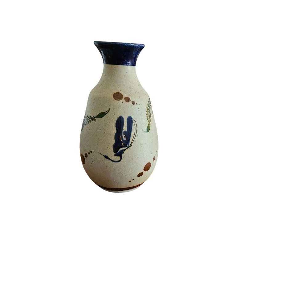 Tonala Vase Stoneware Peacock Floral Hand Painted Folk Art Signed VTG Mexico